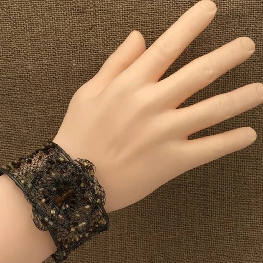 🌼 Gun Metal Wire Art Brown Bead Flower Statement Cuff Bracelet